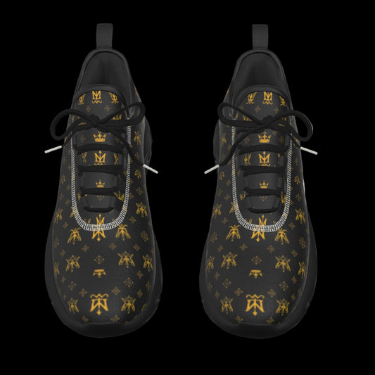 Munsieur men's lightweight running shoes in black with gold pattern and black laces