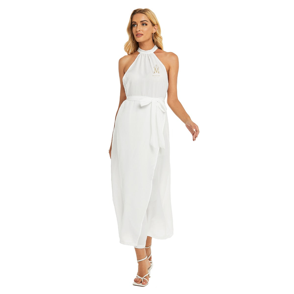 Munsieur elegant white signature print wrap dress with halter neck and waist tie detail
