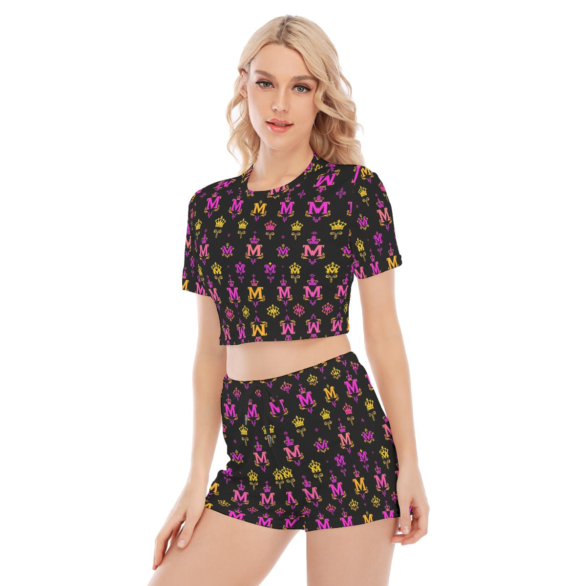 Munsieur black urban fashion lounge set for women with pink and yellow print crop top and shorts