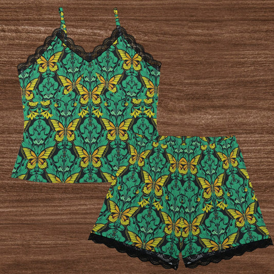 Munsieur urban fashion loungewear for women top and bottoms set with green and yellow butterfly print and black lace trim