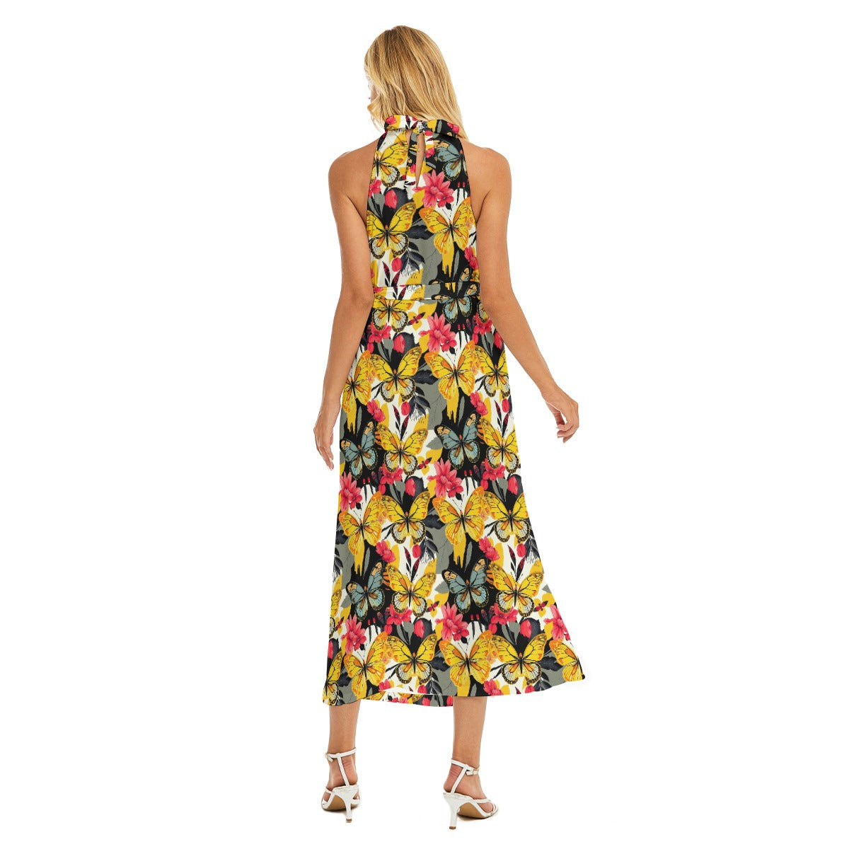 Back view of Munsieur urban luxury belted dress with colorful butterfly and floral print