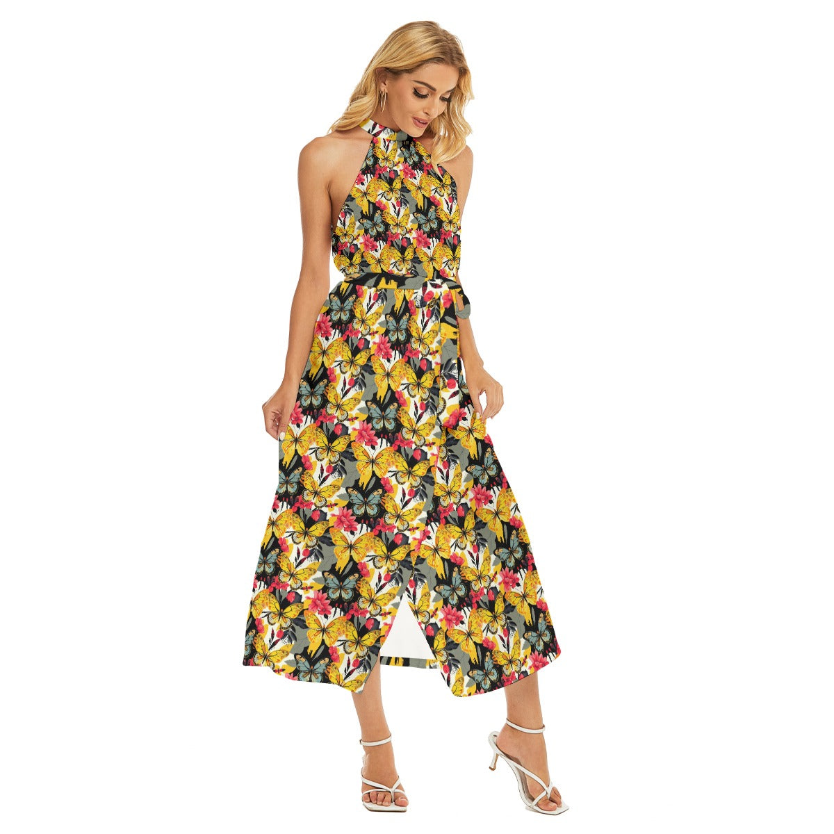 Munsieur urban luxury belted dress with vibrant floral print and halter neck design