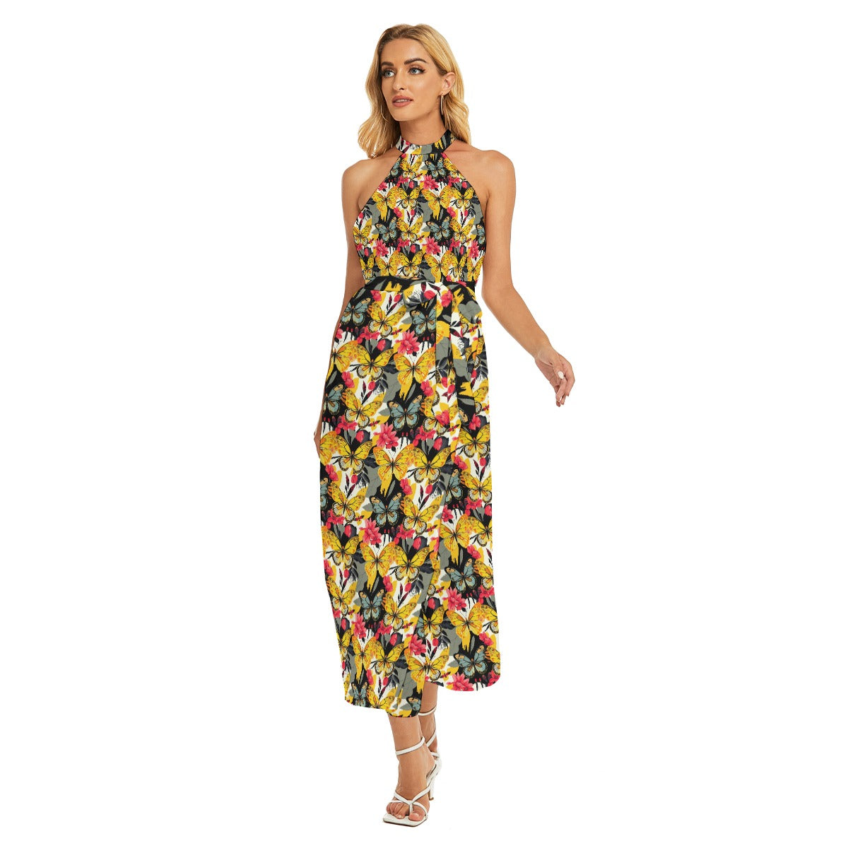 Munsieur floral halter neck urban luxury belted dress with vibrant yellow and red butterfly print