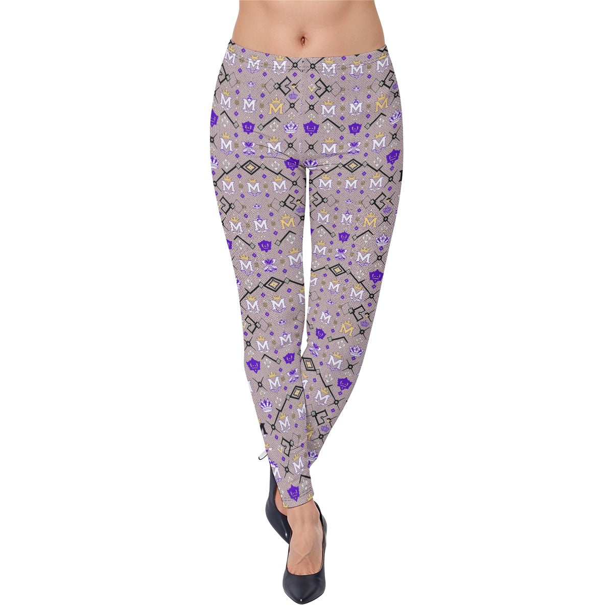 Munsieur urban luxury leggings with purple and gold geometric pattern worn with black heels