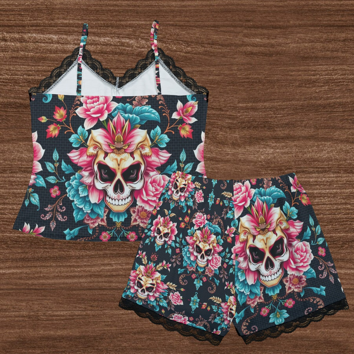 Munsieur floral skull print urban luxury sleepwear for women with lace trim camisole and shorts set