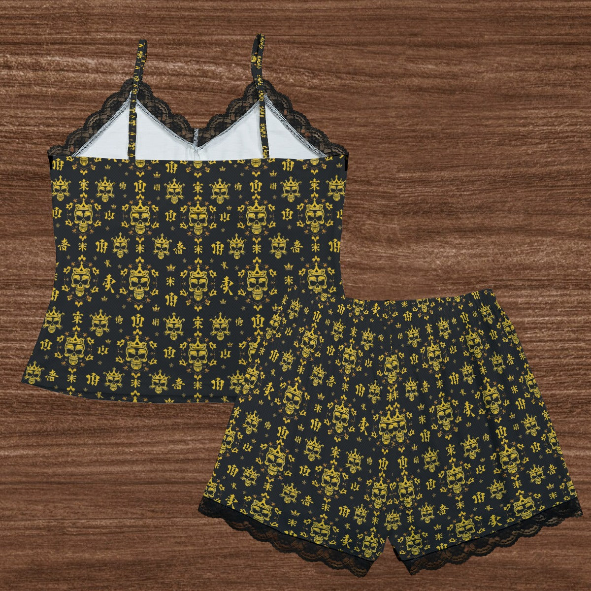 Munsieur black and yellow floral urban sleepwear set for women with lace trim on camisole and shorts