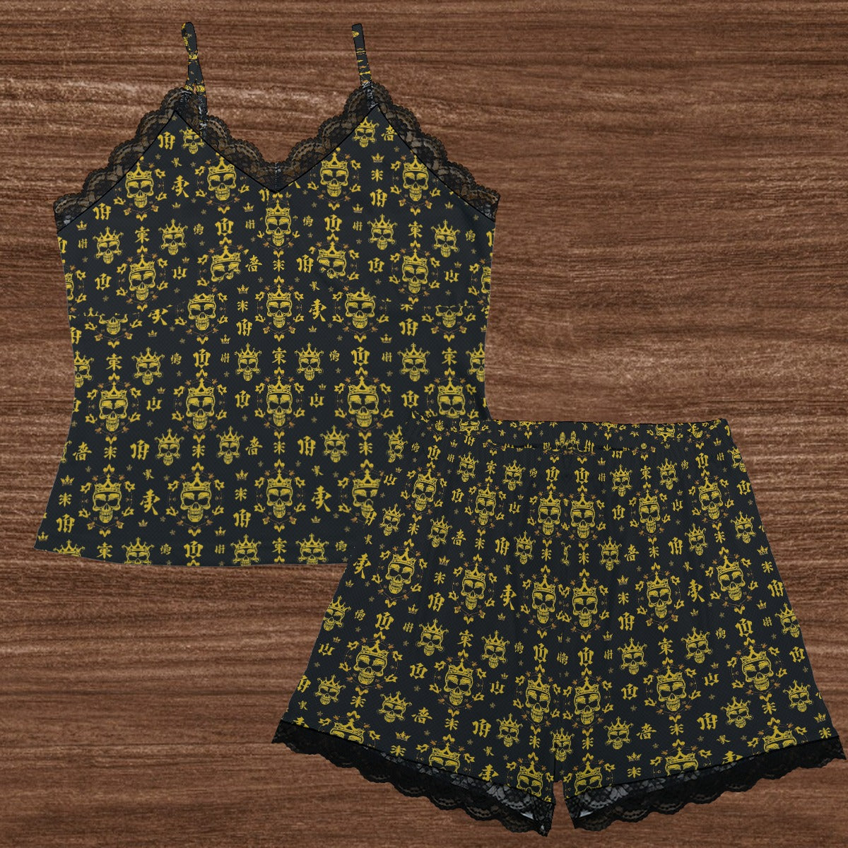 Munsieur urban sleepwear set for women with black and yellow skull pattern camisole top and matching shorts