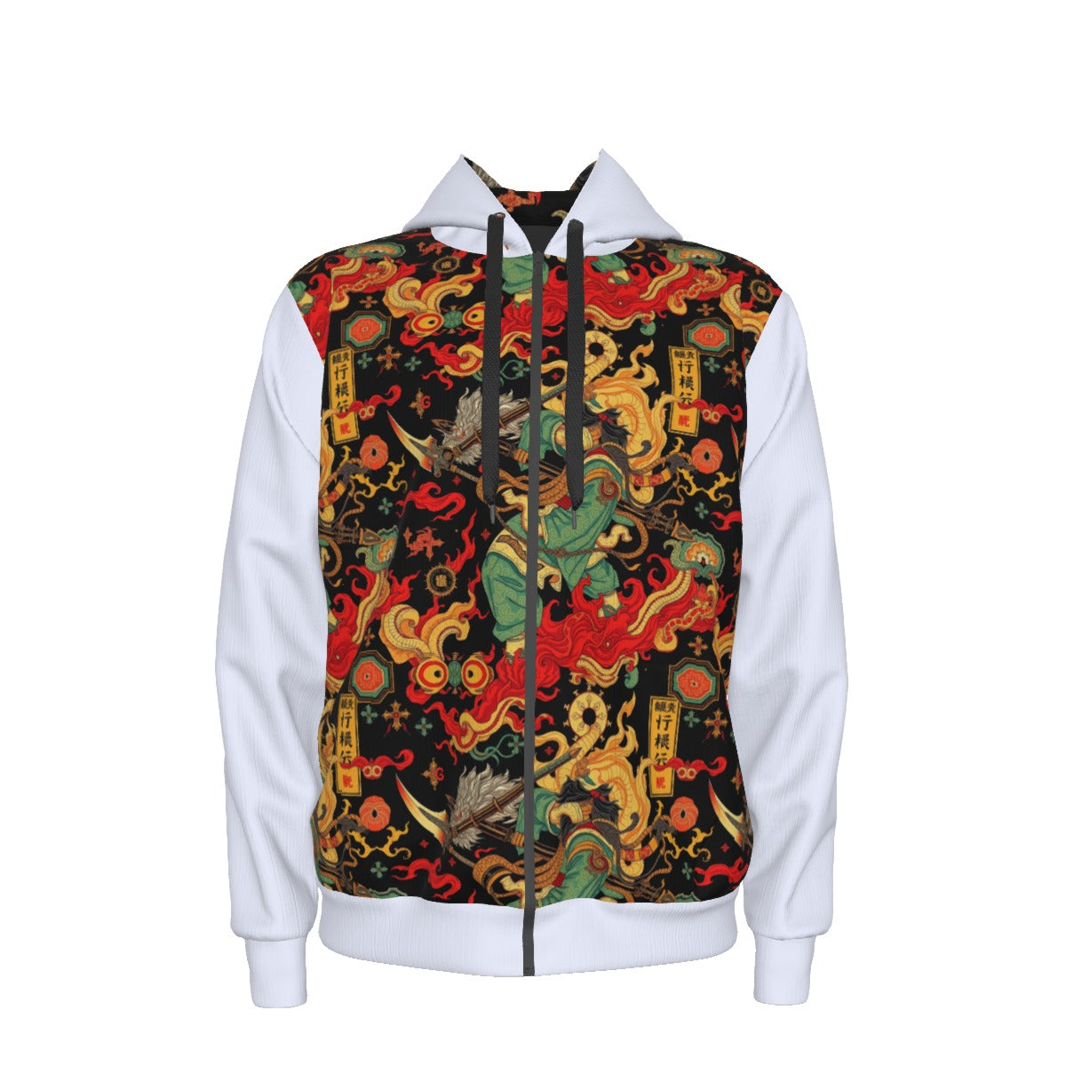Munsieur urban streetwear dragon hoodie with colorful dragon and flame design on black and white fabric