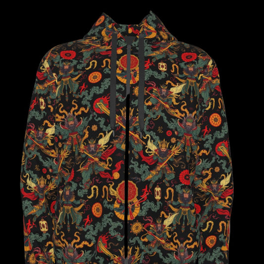 Munsieur urban streetwear zip up hoodie with vibrant multicolor dragon and floral pattern