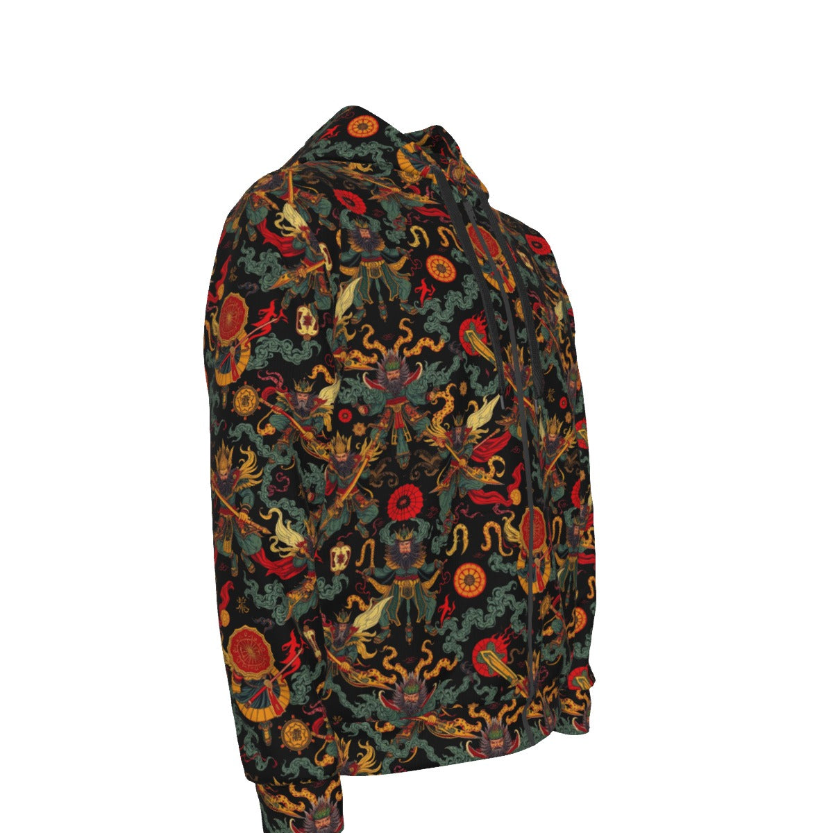 Munsieur urban streetwear zip up hoodie with colorful dragon and floral pattern on black background