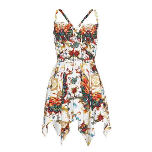 Munsieur luxury all-over print dress with colorful floral and artistic patterns and handkerchief hem