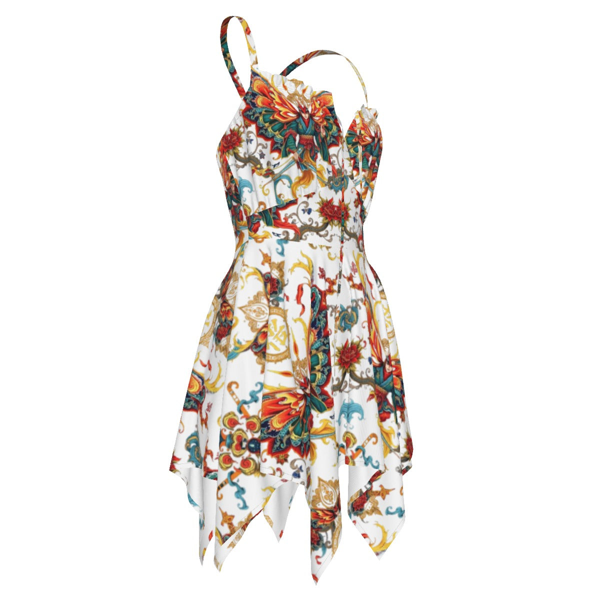 Munsieur luxury all-over print dress with colorful floral and ornamental patterns and asymmetrical hem