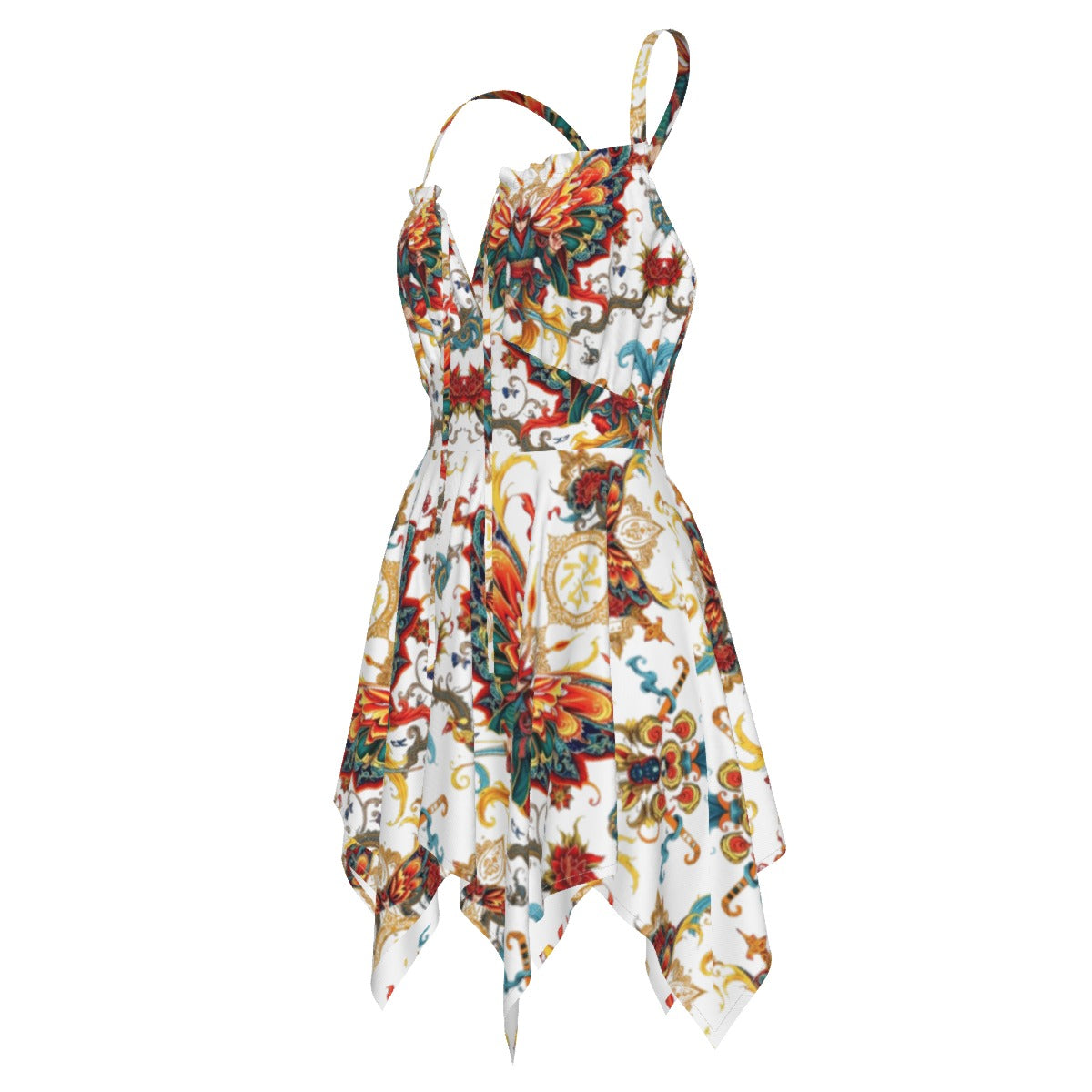 Munsieur luxury all-over print dress with colorful floral and ornamental design and handkerchief hem