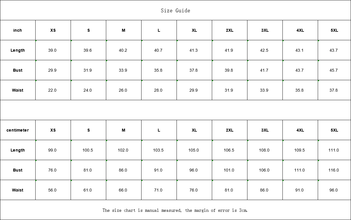 Size guide chart for luxury all-over print dress by Munsieur with measurements in inches and centimeters