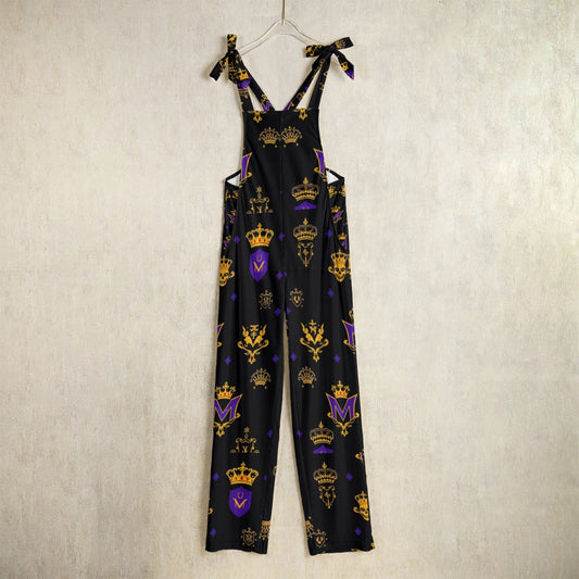 Munsieur luxury graphic patterned jumpsuit with black base and gold purple crown designs