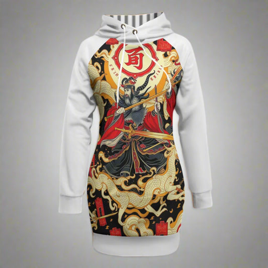 Munsieur women's pullover sweater dress with bold dragon and warrior graphic design and white sleeves