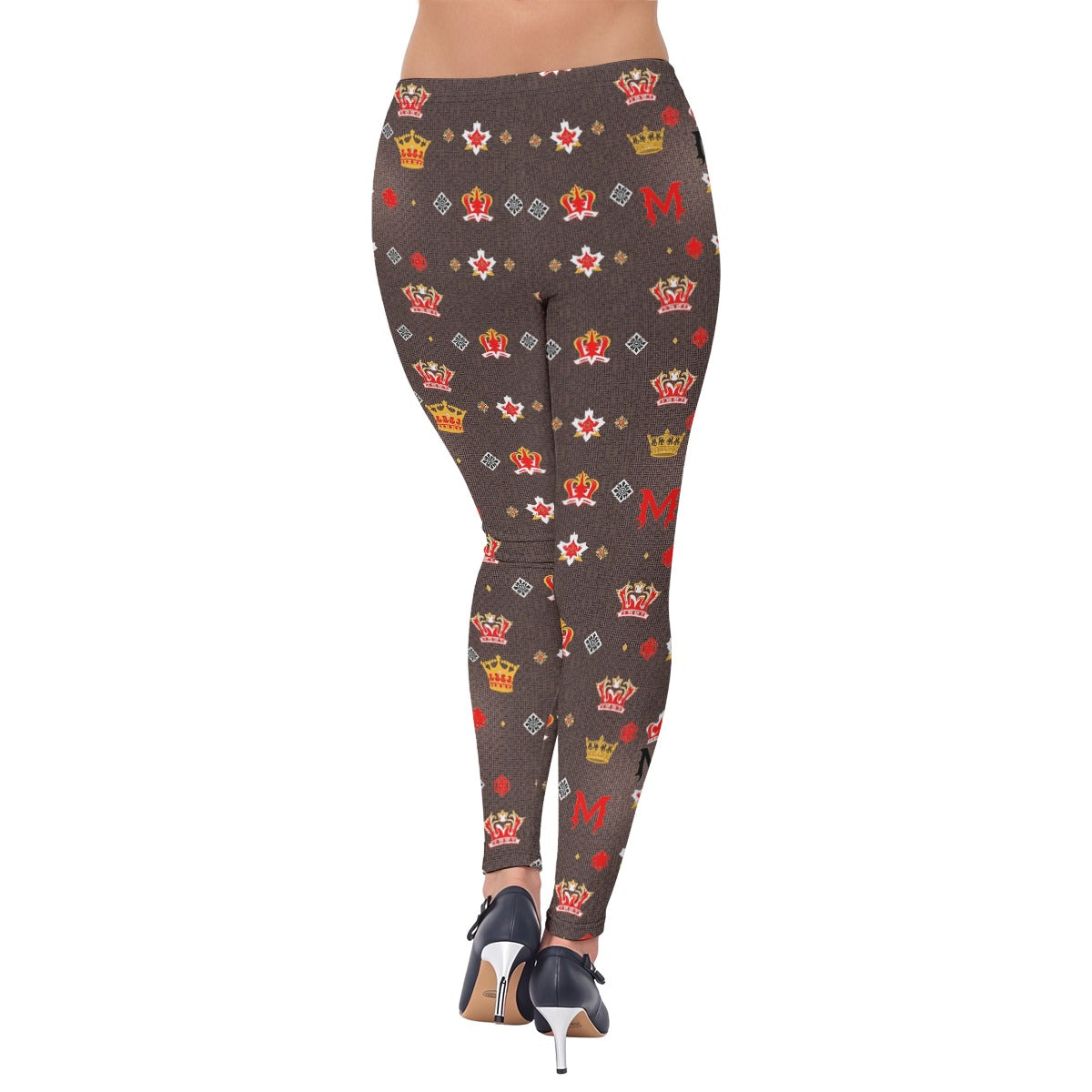 Women wearing Munsieur women's luxury print leggings with colorful crown and star patterns