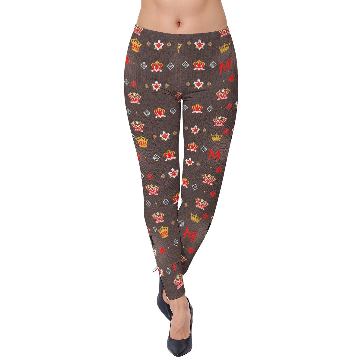 Munsieur women's luxury print leggings with colorful crown and star patterns on dark background