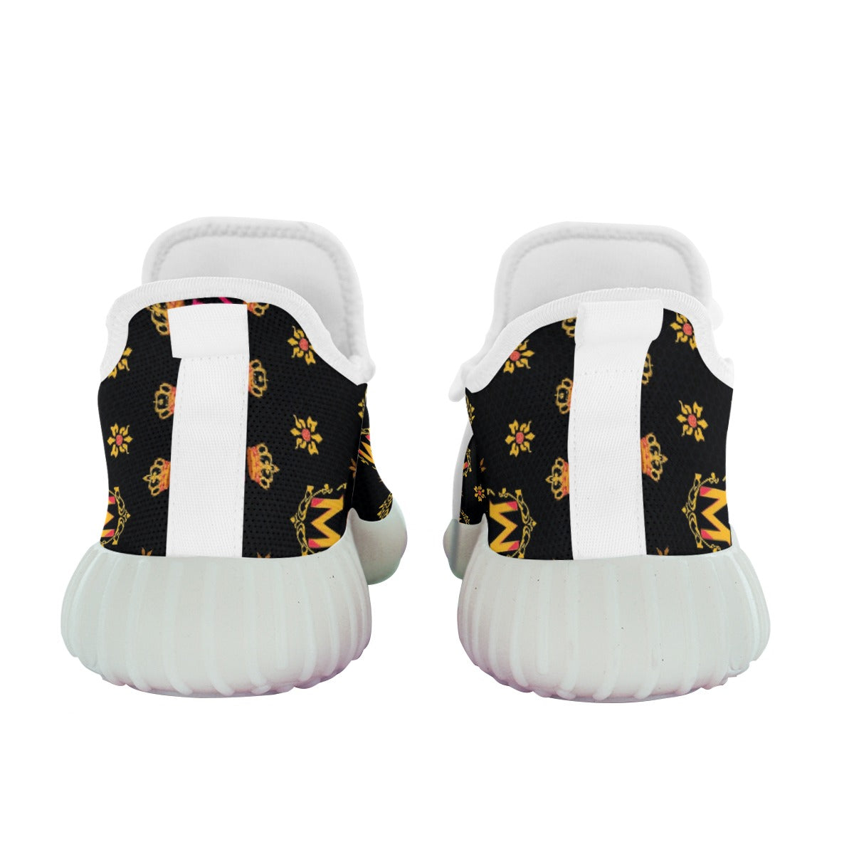 Back view of Munsieur women's streetwear sneakers with black floral pattern and white sole