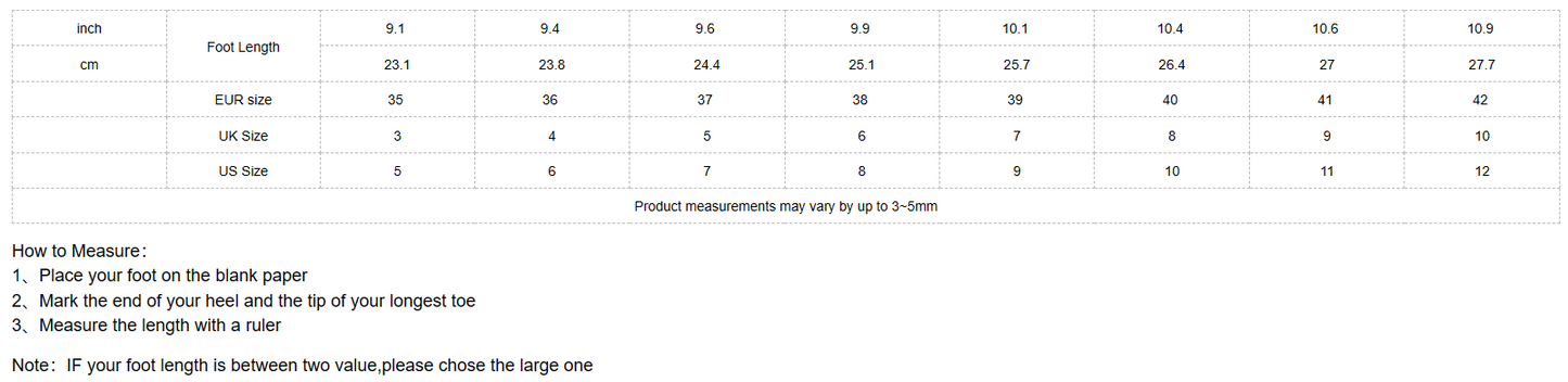 Foot size chart with measurements in inches and centimeters for women's streetwear sneakers by Munsieur