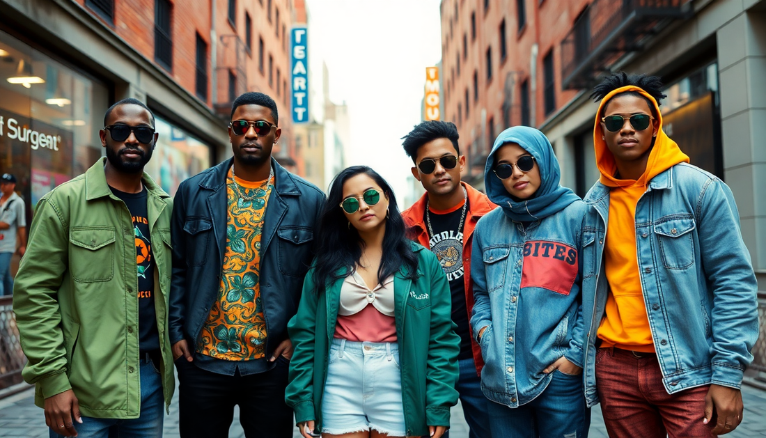A stylish group in vibrant urban clothing