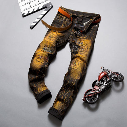 Distressed Slim Fit Straight-leg Denim Men's Broken Patched Hole Pants