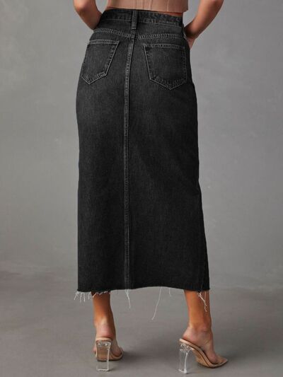 Raw Hem Front Slit Denim Midi Skirt - Munsieur