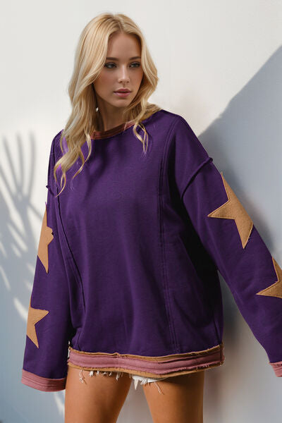 Double Take Star Patched Long Sleeve Sweatshirt for Style - Munsieur