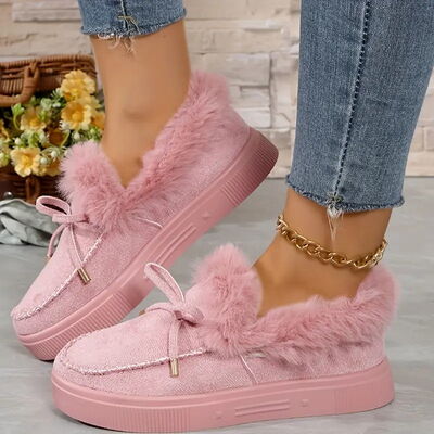 Bow Furry Round Toe Flat Slip-Ons - Munsieur