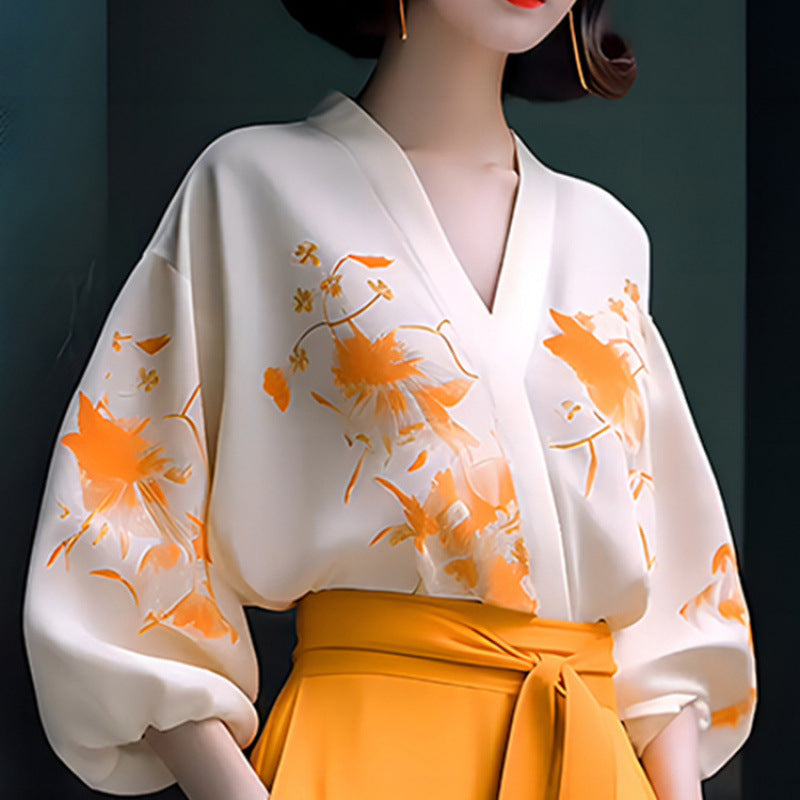 Women's Fashionable Retro High-end Slimming Wear Flab Hiding Blouse Wide-leg Bodysuit Two-piece Set Women