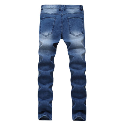 Multi-holes, Blue Elastic Men's Pants Slim-fitting Small Straight