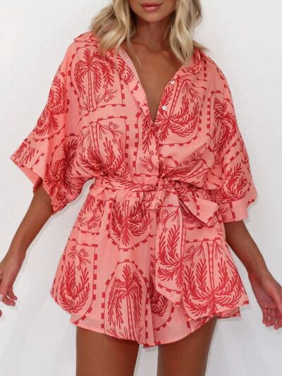 Printed Tie Waist Half Sleeve Romper - Munsieur