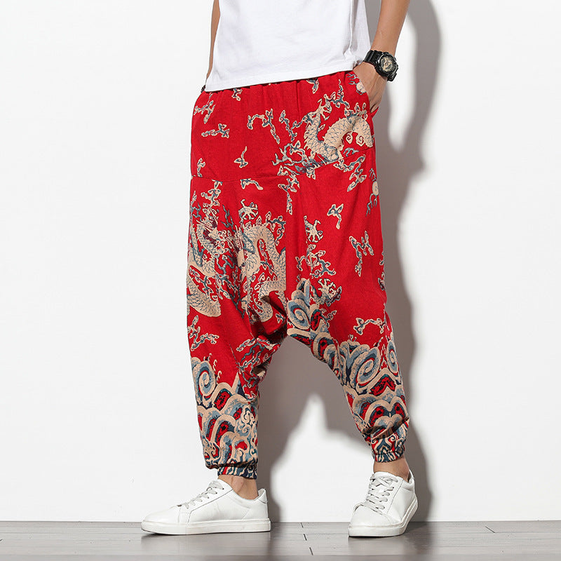 Men's Summer Bohemian Loose Wide-leg Elephant Flower Beach Pants