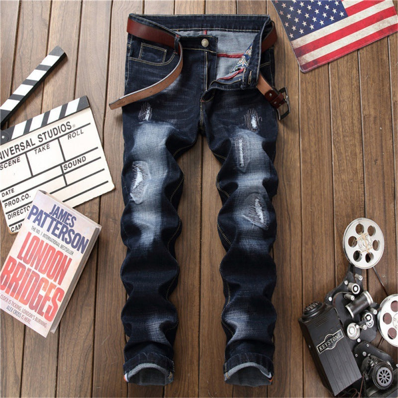 Blue With Holes Slim Fit Men's Pants - Munsieur