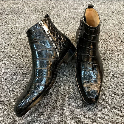 Men PU Leather Striders, Side Zipper, Pattern, Business Casual Style, Classic, Fashion, HL109