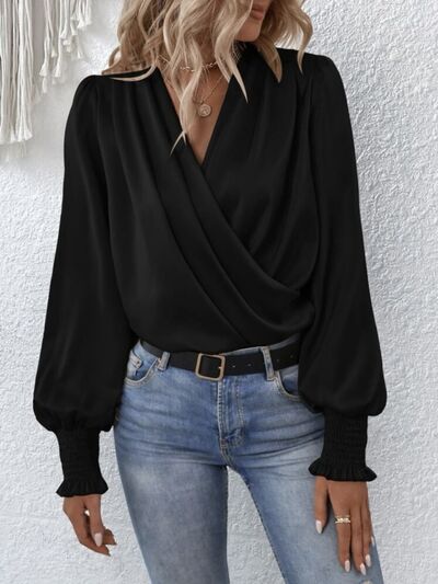 Surplice Smocked Lantern Sleeve Blouse - Munsieur