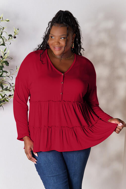 Double Take Half Button Long Sleeve Ruffle Hem Blouse - Munsieur