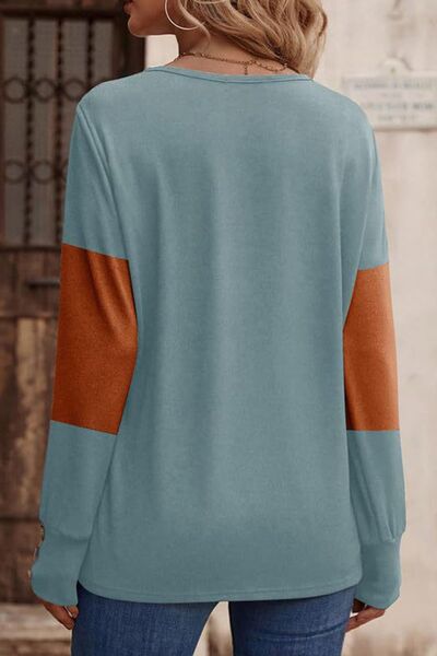 Decorative Button Contrast V-Neck Long Sleeve T-Shirt - Munsieur