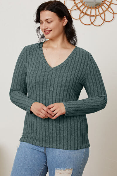 Full Size Ribbed V-Neck Long Sleeve T-Shirt - Munsieur