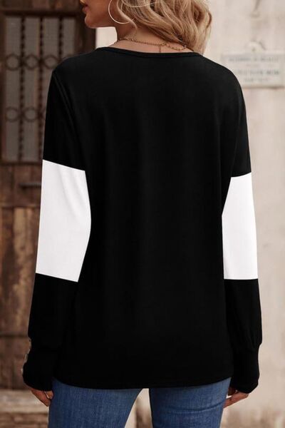 Decorative Button Contrast V-Neck Long Sleeve T-Shirt - Munsieur