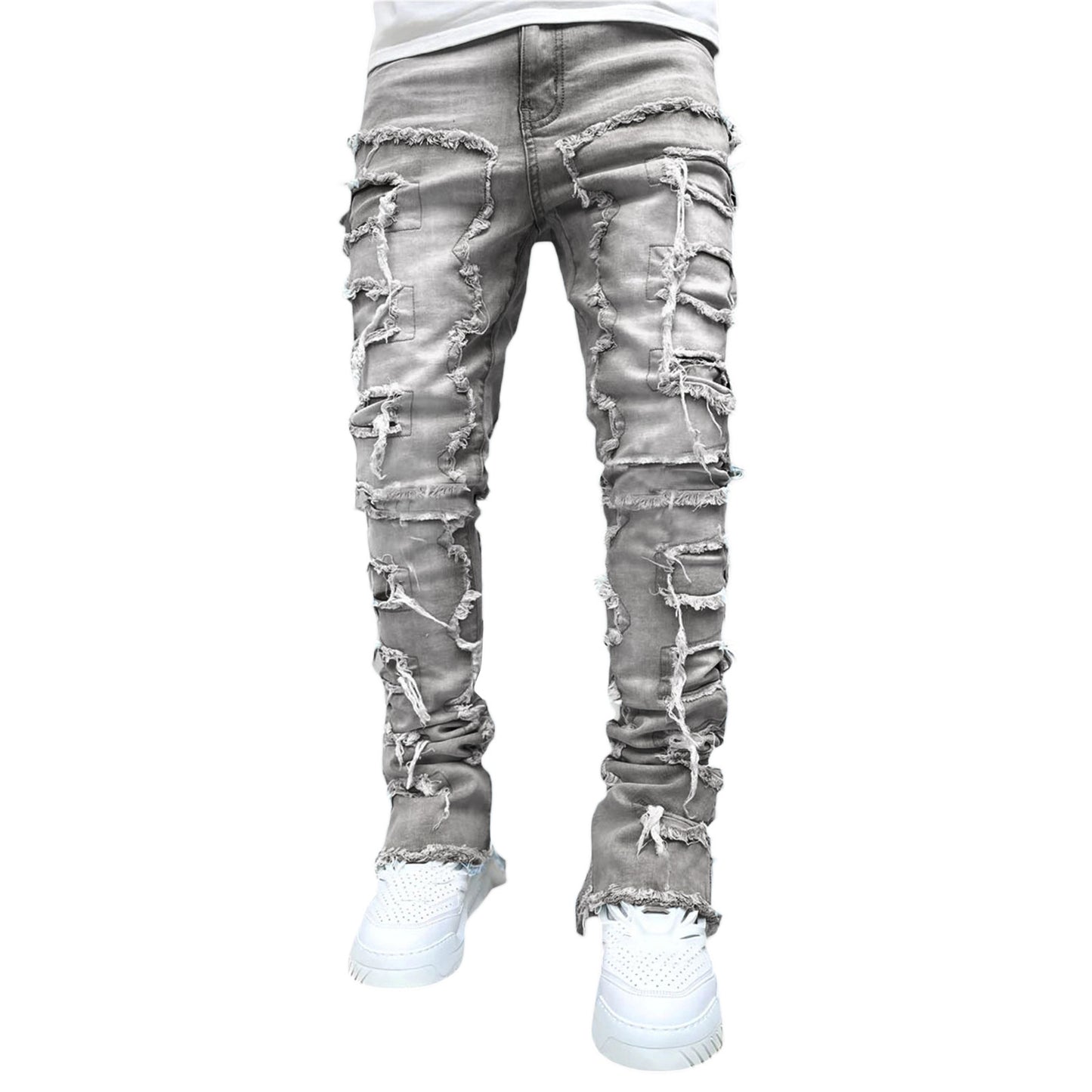 Men's Patched Pants Long Tight Fit Stacked Pants For Men