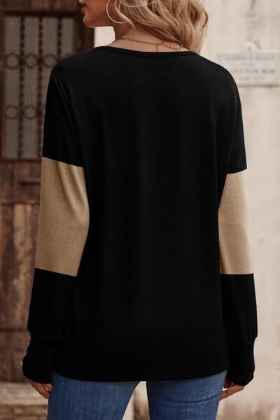 Decorative Button Contrast V-Neck Long Sleeve T-Shirt - Munsieur