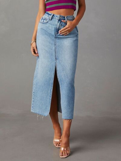 Raw Hem Front Slit Denim Midi Skirt - Munsieur