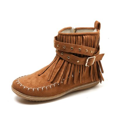 Fringe Studded Suede Flat Boots - Munsieur