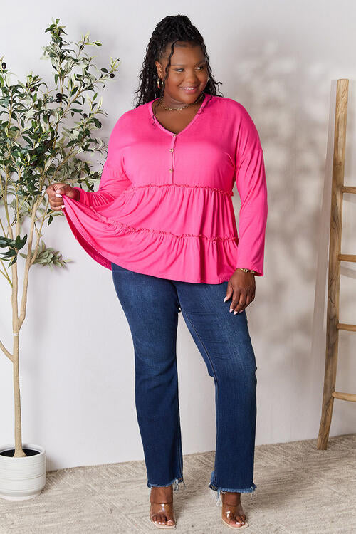 Double Take Half Button Long Sleeve Ruffle Hem Blouse - Munsieur