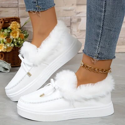 Bow Furry Round Toe Flat Slip-Ons - Munsieur
