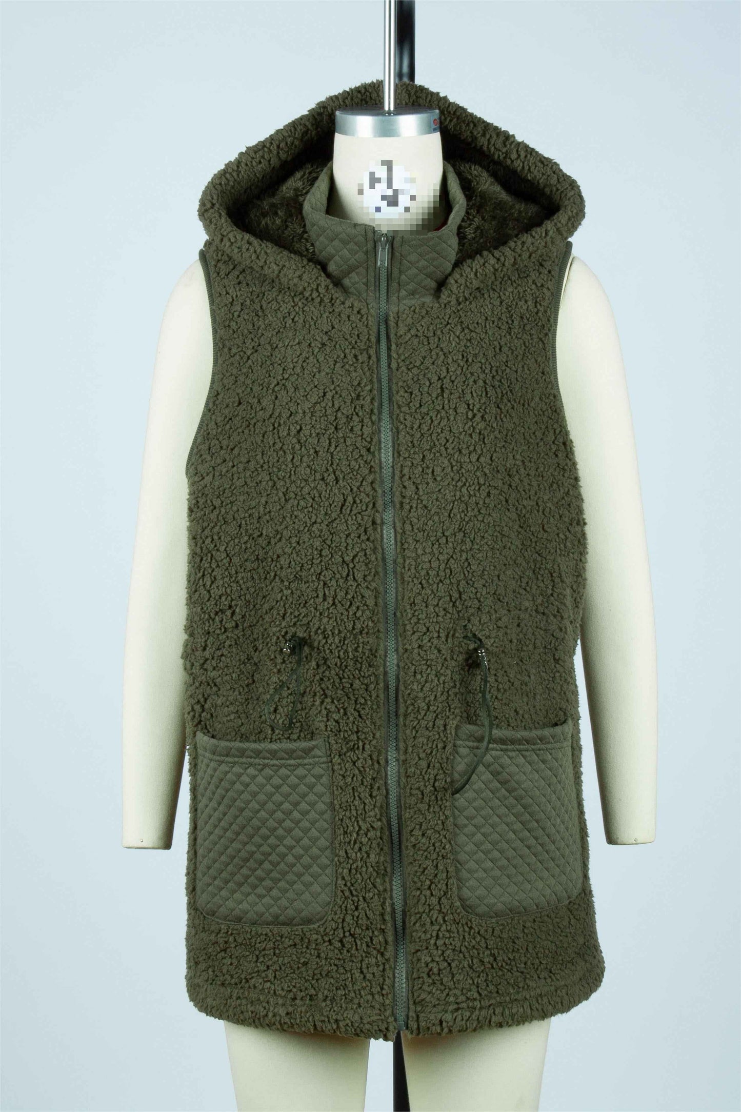 Sleeveless Zipper Mid Length Sweatshirt Solid Color Bubble Velvet Vest