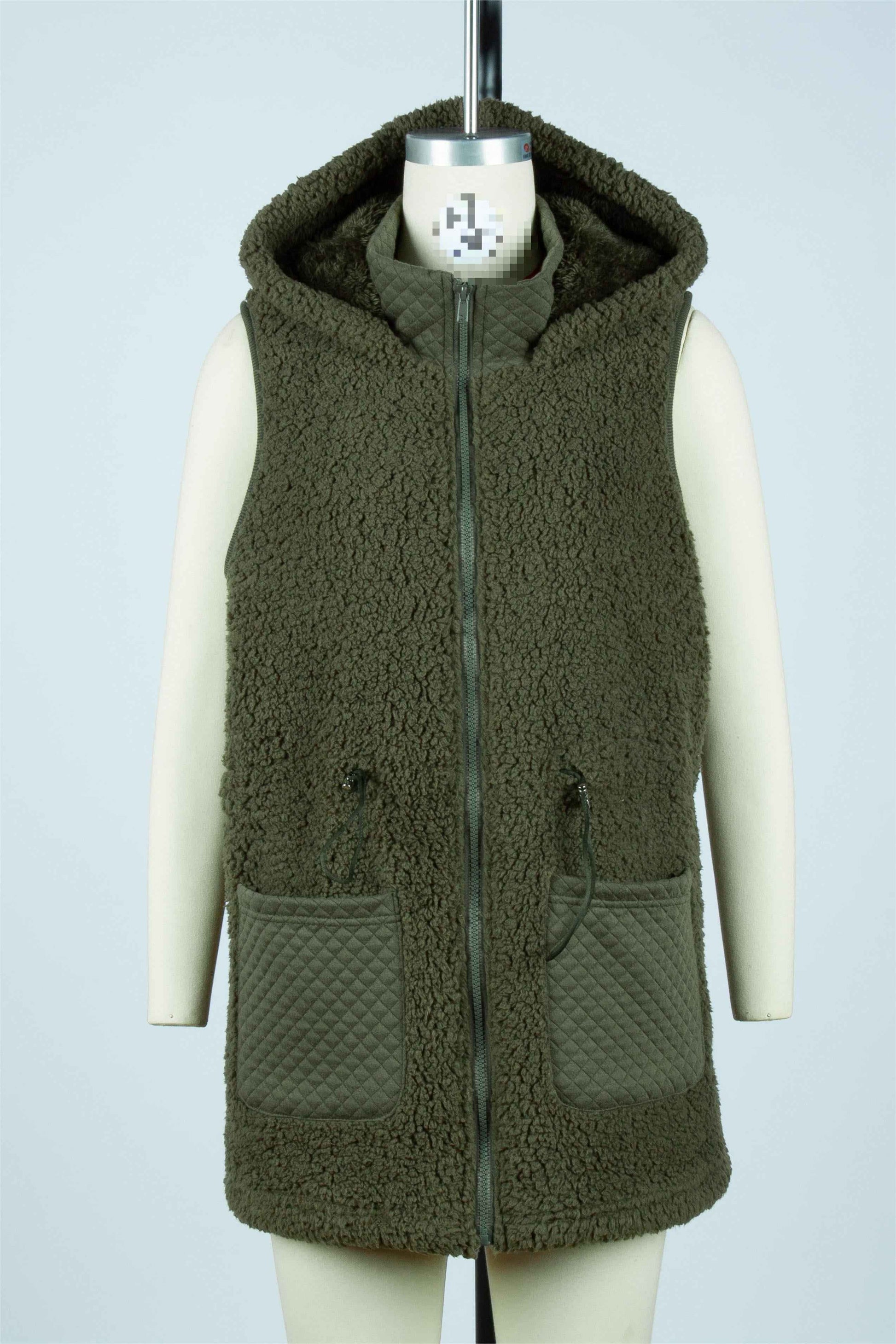 Sleeveless Zipper Mid Length Sweatshirt Solid Color Bubble Velvet Vest