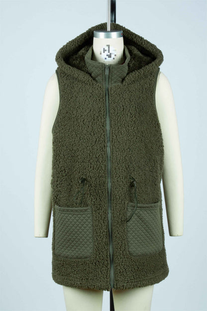 Sleeveless Zipper Mid Length Sweatshirt Solid Color Bubble Velvet Vest