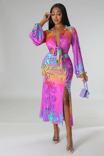 Long Sleeved Cardigan Two Piece Skirt Set